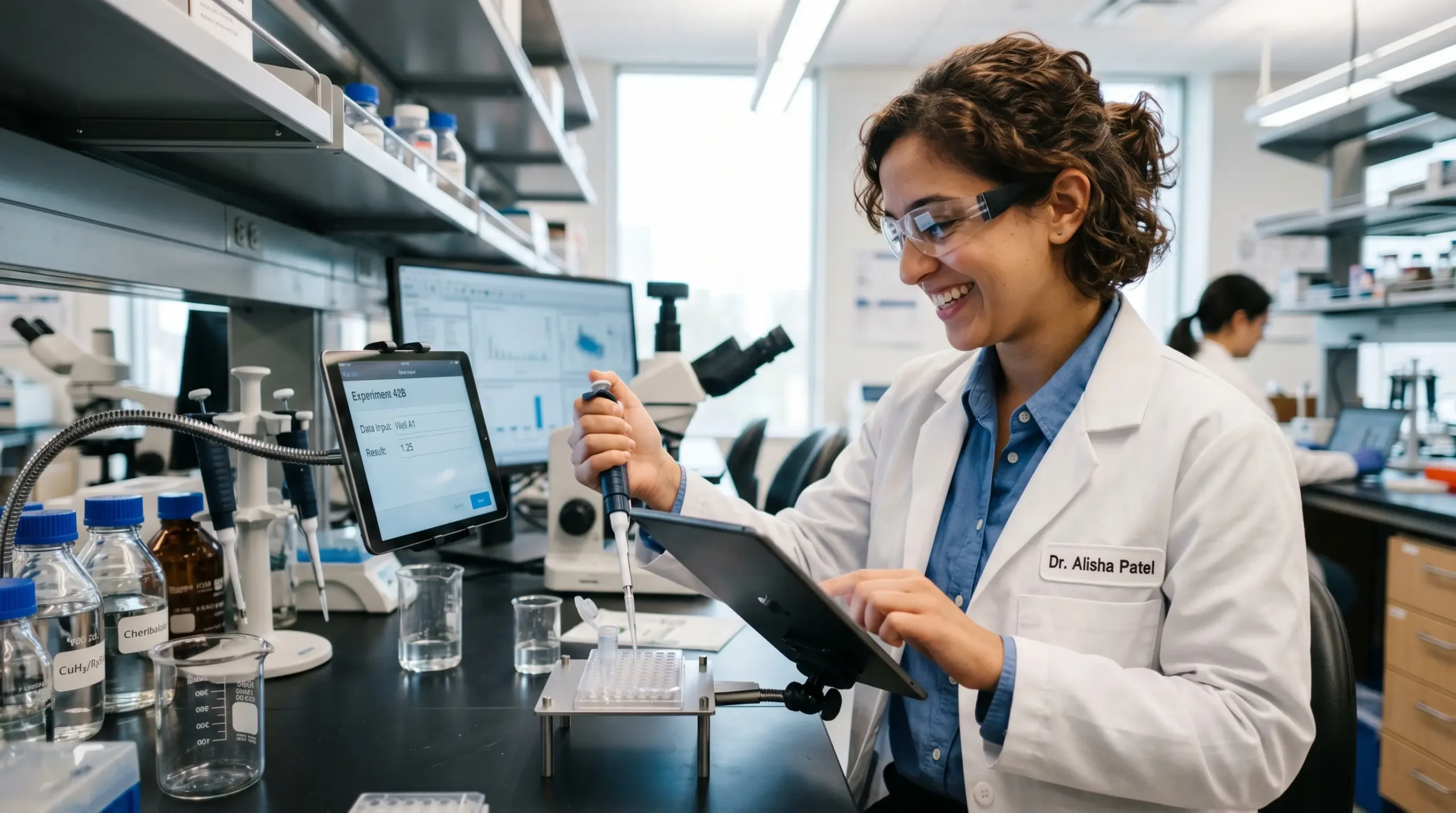 Scientist conducting a labarty experiment in a modern laboratory, using a digital tablet and pipette to analyze samples, with lab equipment, data screens, and productivity tools enhancing research workflow