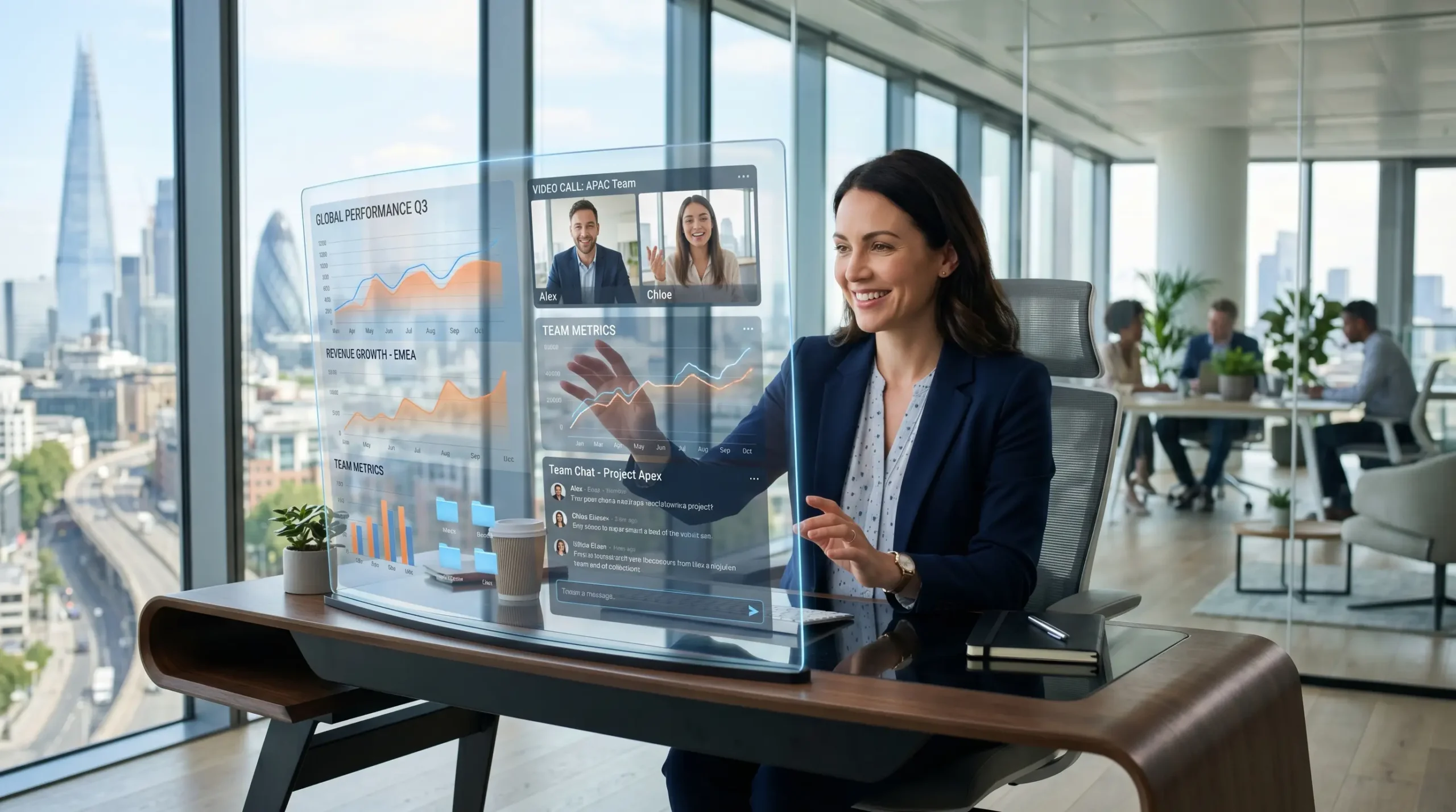 Professional businesswoman interacting with a futuristic transparent digital dashboard during a labarty workspace session, displaying analytics charts, team video calls, and performance metrics in a modern office overlooking a city skyline