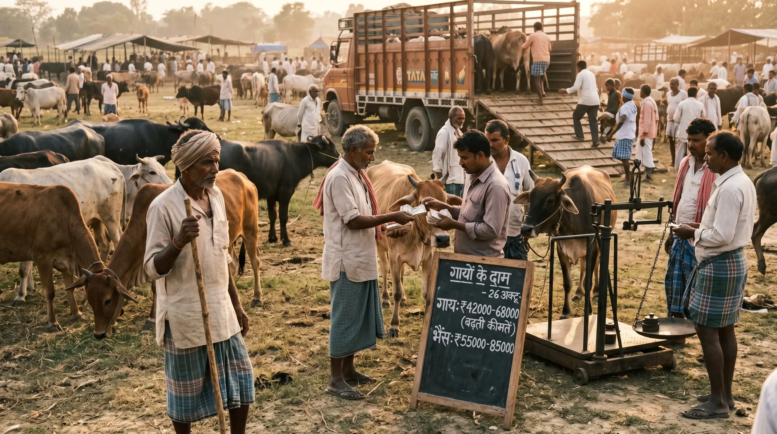 Simbramento economic activity showing farmers trading cattle in a busy rural livestock market, exchanging cash, weighing animals, and loading livestock onto trucks with visible price listings and rising market demand.
